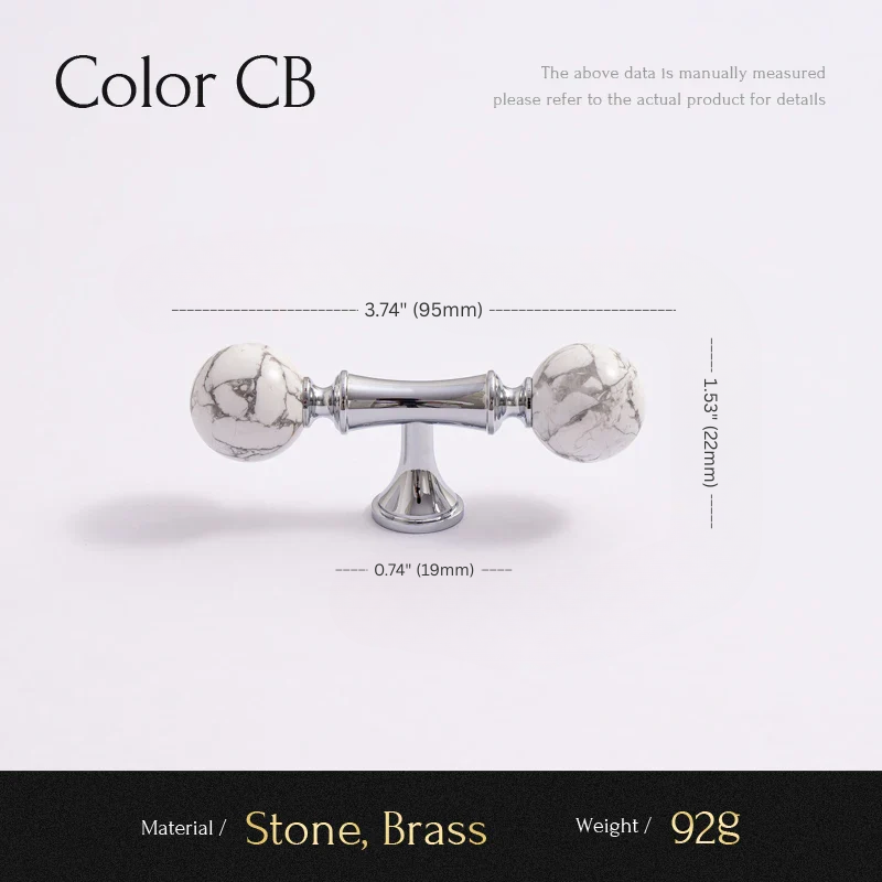 Measurement chart for a decorative item with stone and brass components on a white background.