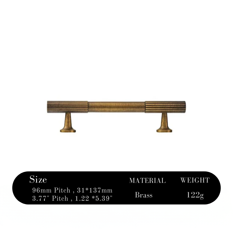 Brass cabinet handle with specifications on a white background