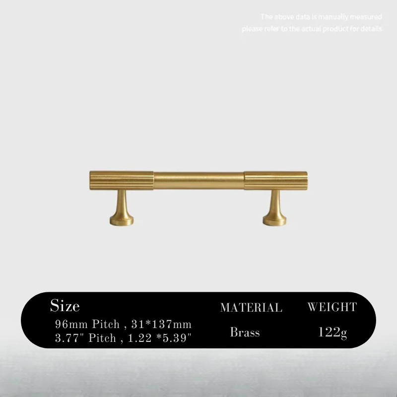 Gold cabinet handle with technical specifications on a gray background