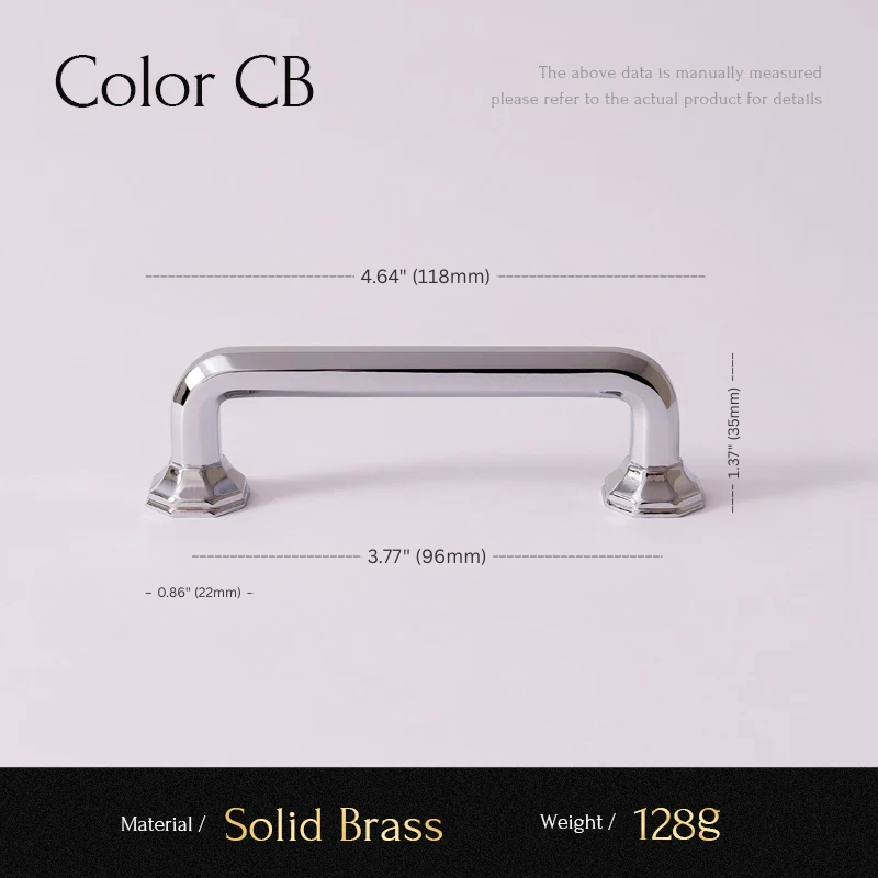 Chrome cabinet handle with dimensions and material details on a light gray background