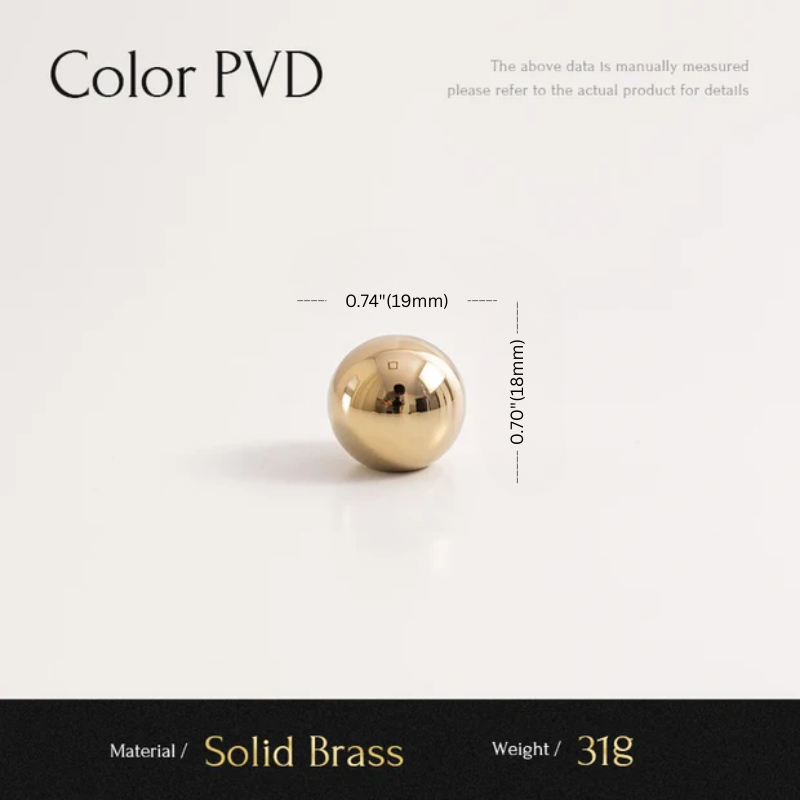Gold spherical object with measurements and material details on a white background