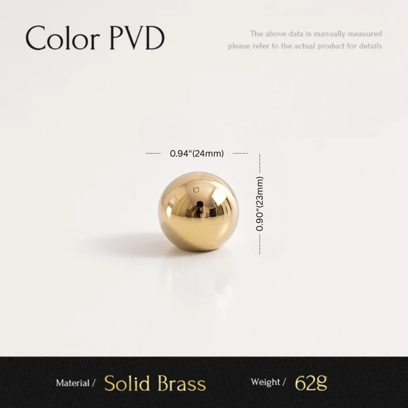 Gold spherical object with measurements and material details on a white background