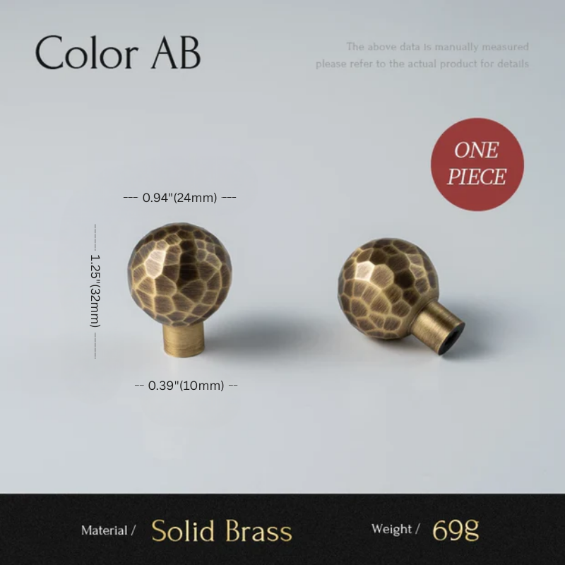 Two solid brass finials with measurements on a gray background