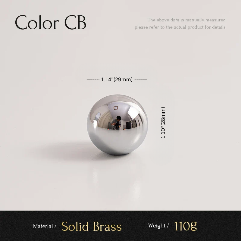 Silver spherical object with measurements and material details on a light gray background