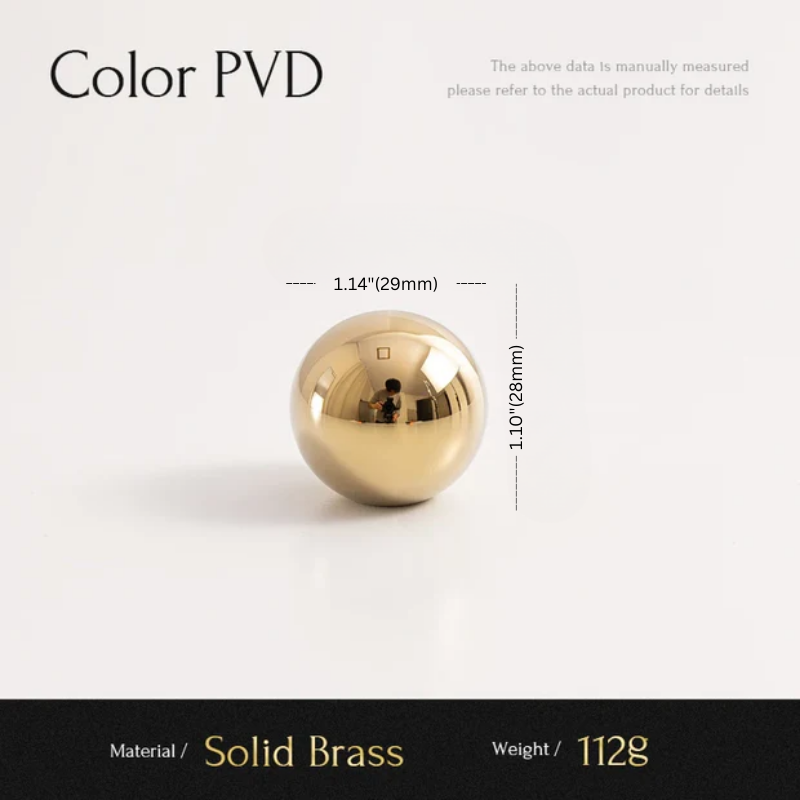 Gold spherical object with measurements and material details on a white background