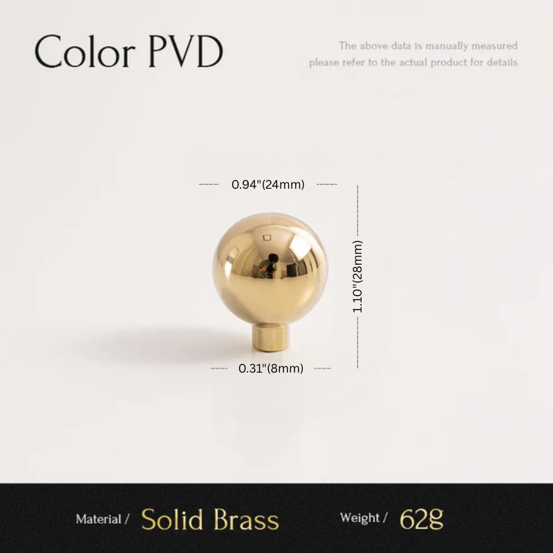 Gold spherical object with dimensions and material details on a white background