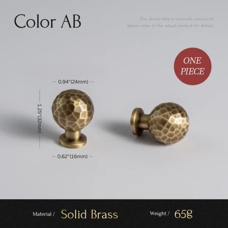 Two solid brass knobs with measurements and material details on a gray background