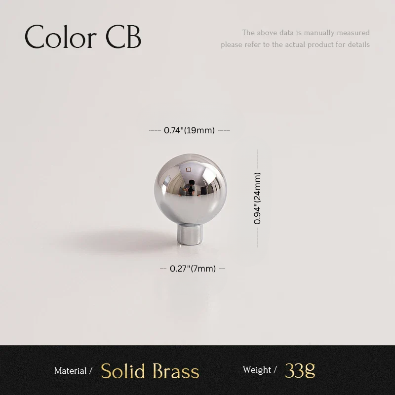 Solid brass knob with measurements on a light gray background