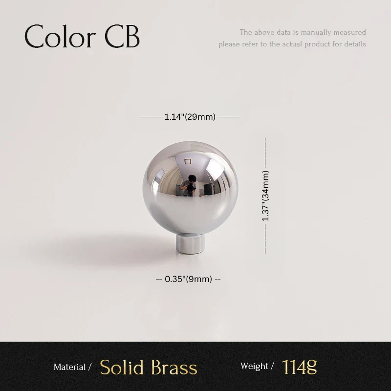 Measurement chart of a solid brass knob with dimensions and material details.