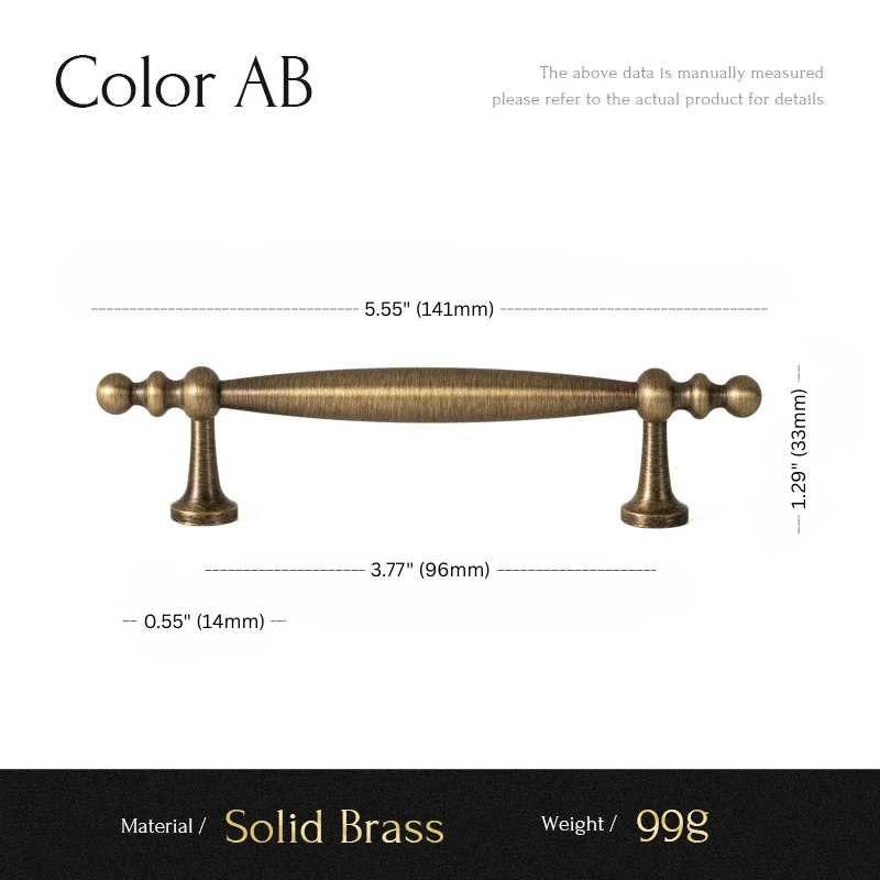 Solid brass cabinet pull with dimensions and material details on a white background