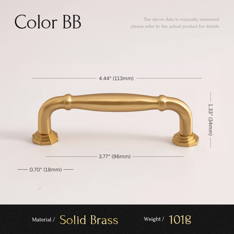 Gold cabinet handle with measurements on a white background