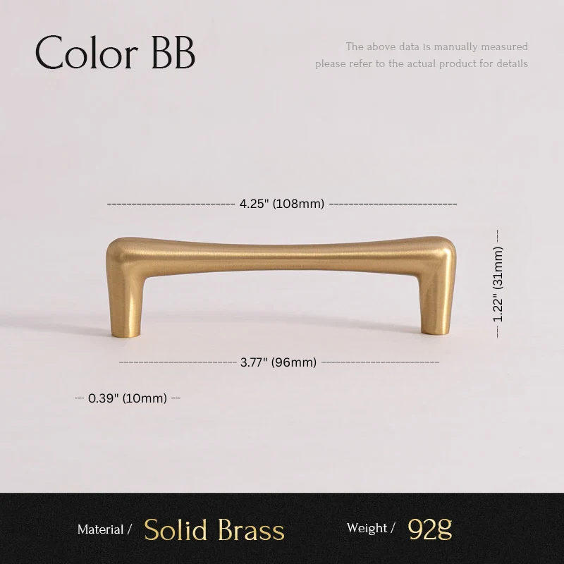 Measurement chart for a solid brass handle with dimensions and material details.