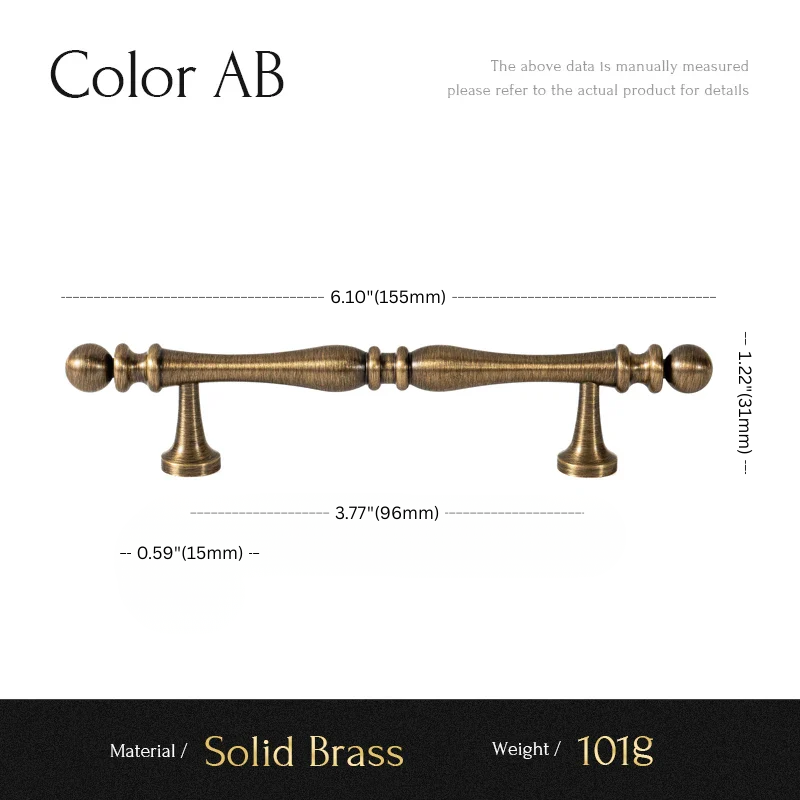 Measurement chart of a solid brass cabinet handle with dimensions and material details.