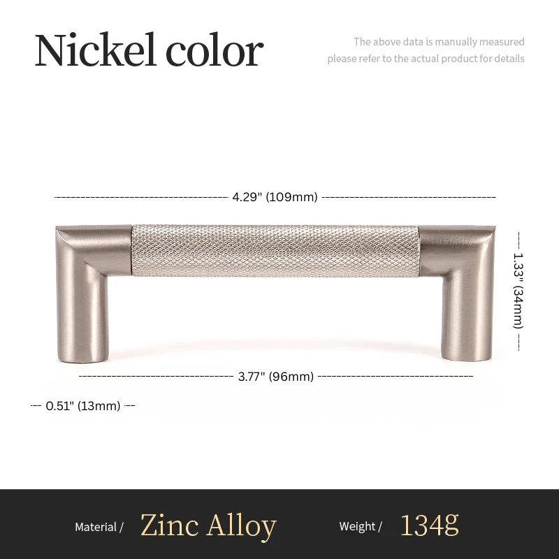 Cabinet handle with dimensions and material information on a white background