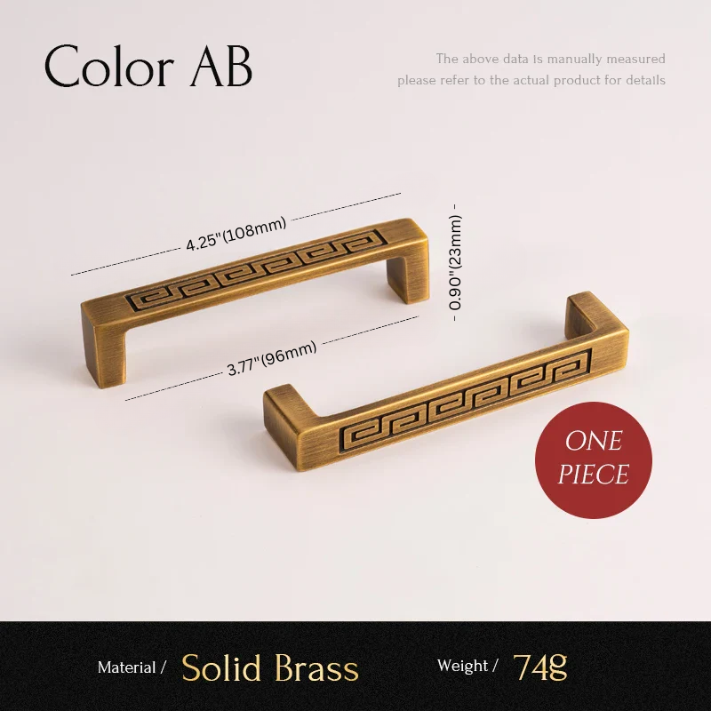 Two solid brass cabinet handles with measurements on a light gray background
