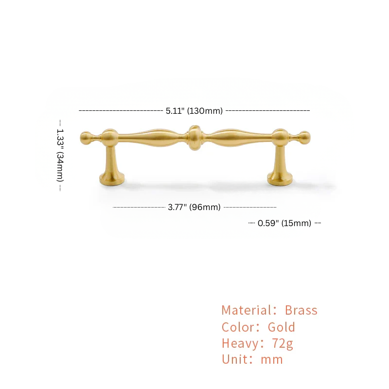 Gold cabinet handle with dimensions and material details on a white background