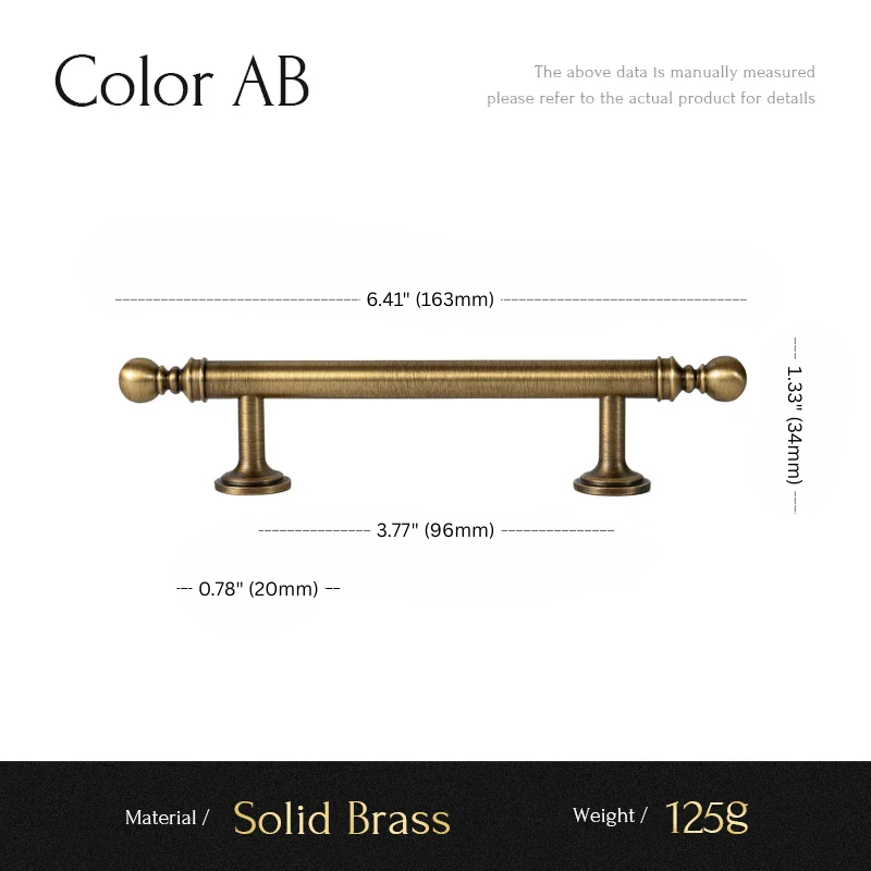 Measurement chart of a solid brass handle with dimensions and material details.