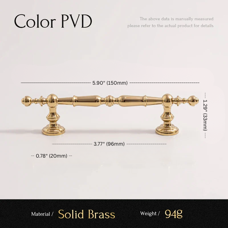 Gold cabinet handle with dimensions and material details on a white background
