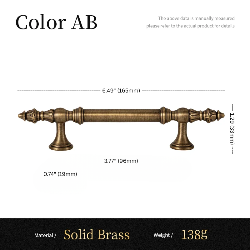 Solid brass cabinet handle with dimensions and material details on a white background
