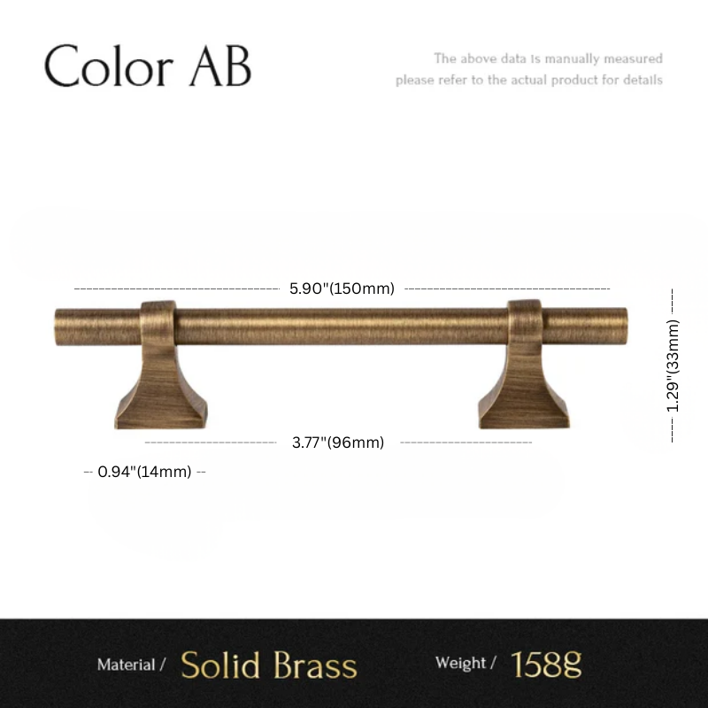 Measurement chart of a solid brass cabinet handle with dimensions and material details.