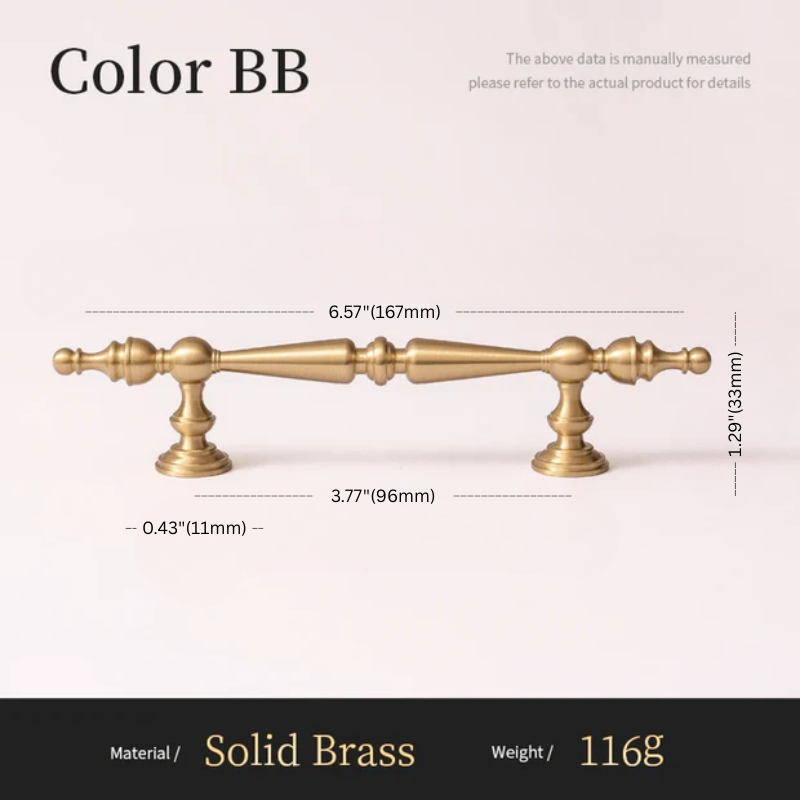 Solid brass cabinet handle with dimensions and material details on a light background