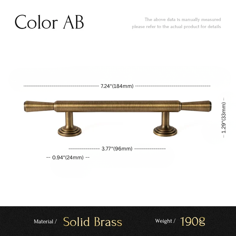 Measurement chart of a solid brass handle with dimensions and material details.