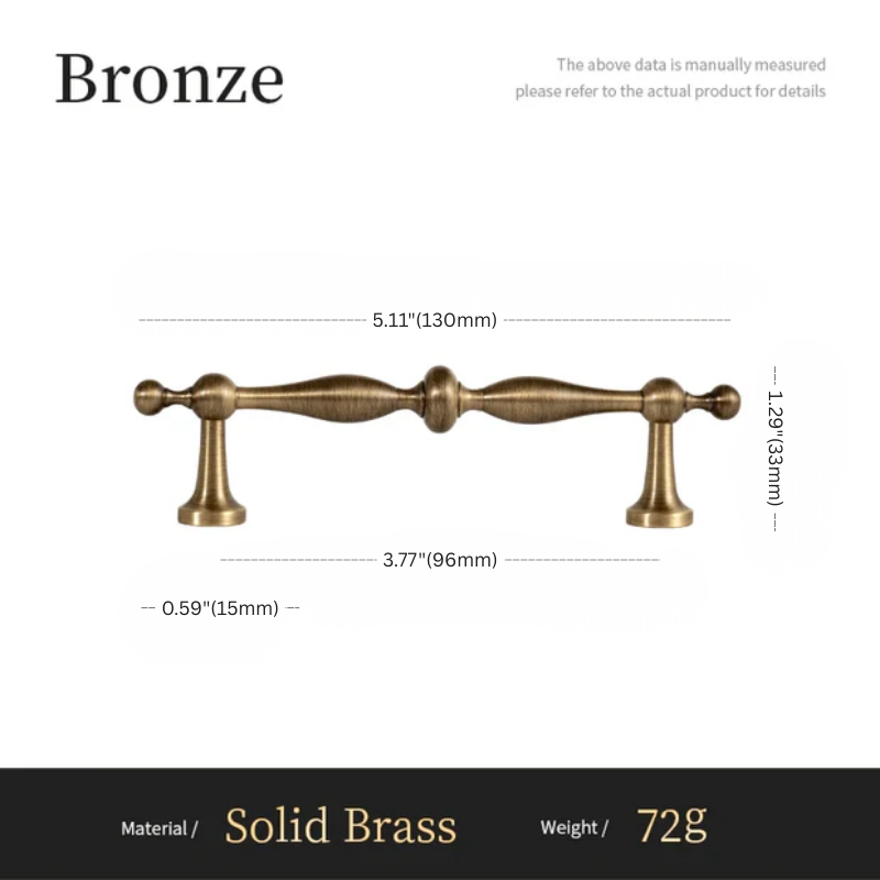 Bronze cabinet handle with dimensions and material details on a white background