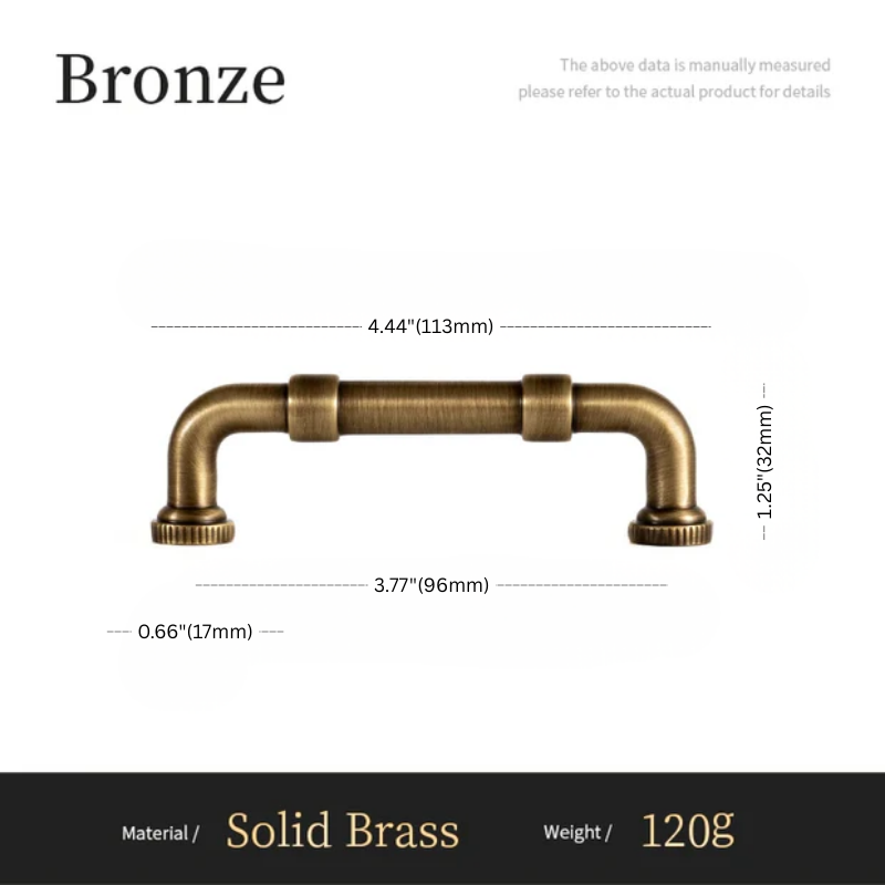 Measurement chart of a bronze handle with dimensions and material details on a white background.