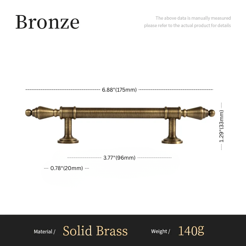 Bronze cabinet handle with dimensions and material details on a white background