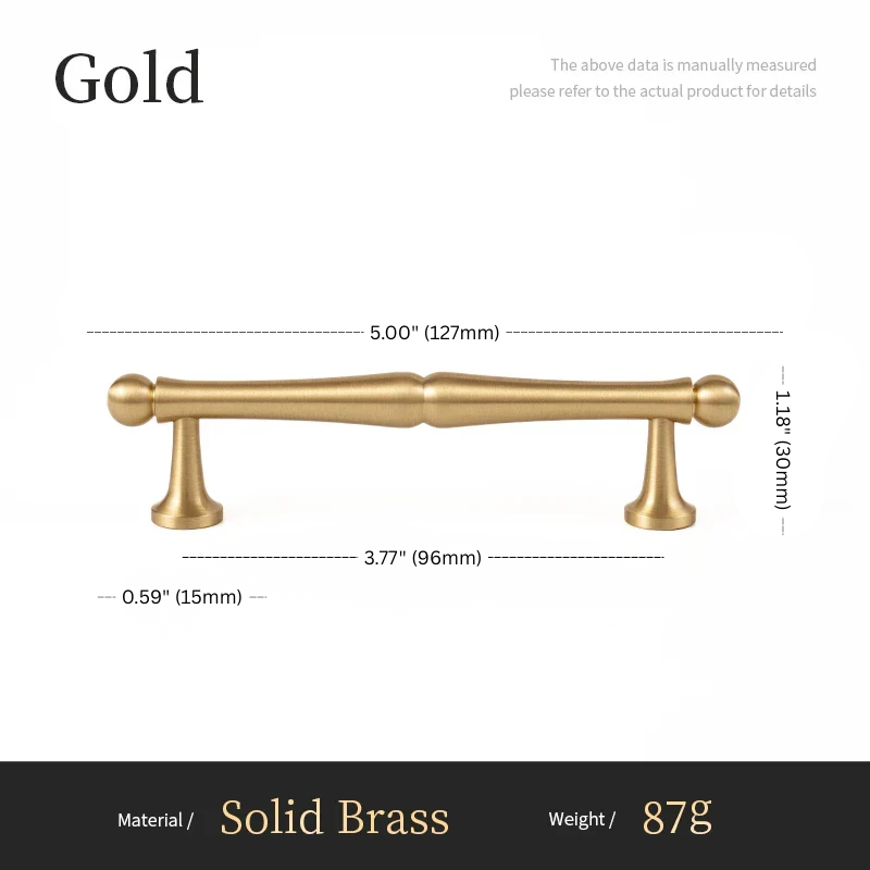 Gold cabinet handle with dimensions and material details on a white background