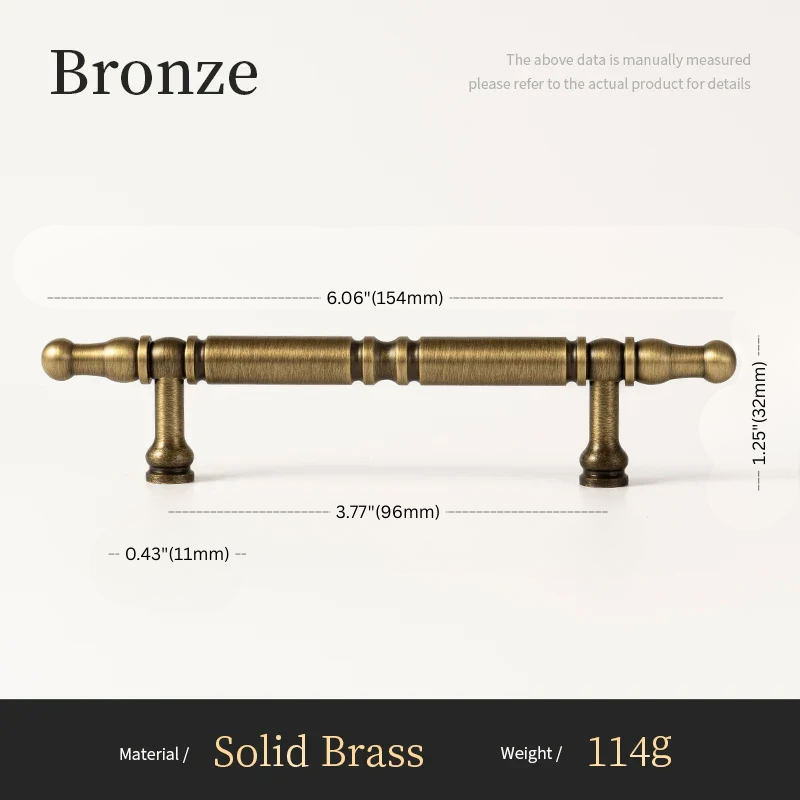 Bronze cabinet handle with measurements on a white background