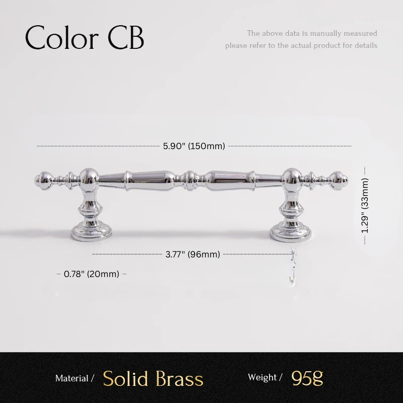 Measurement chart of a solid brass cabinet handle with dimensions and material details.