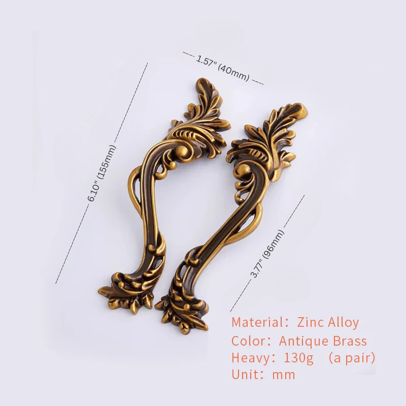 Decorative brass cabinet handles with measurements on a white background