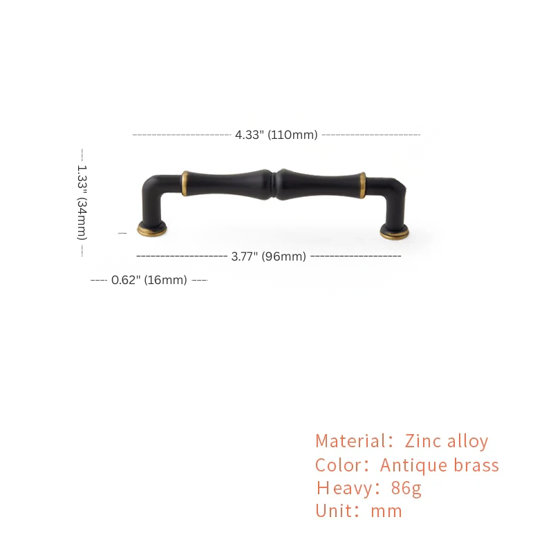 Black cabinet handle with measurements and material details on a white background