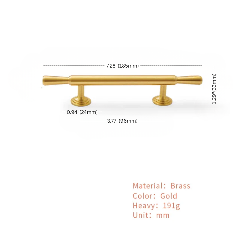 Gold cabinet handle with measurements on a white background