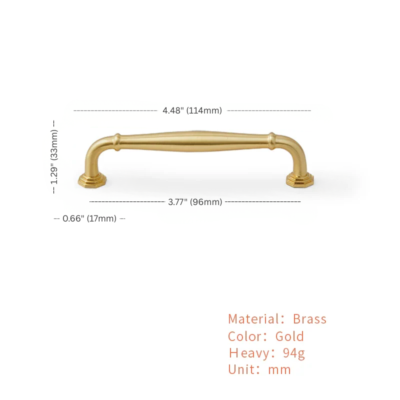 Gold cabinet handle with dimensions and material details on a white background