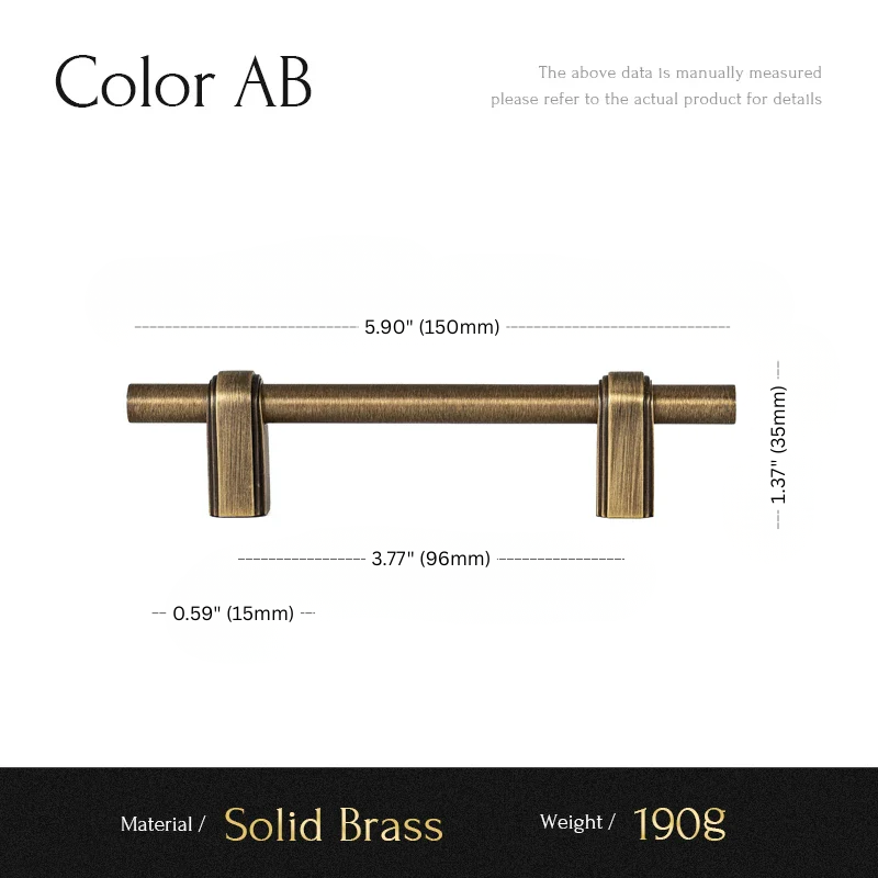 Measurement chart for a solid brass handle with dimensions and material details.