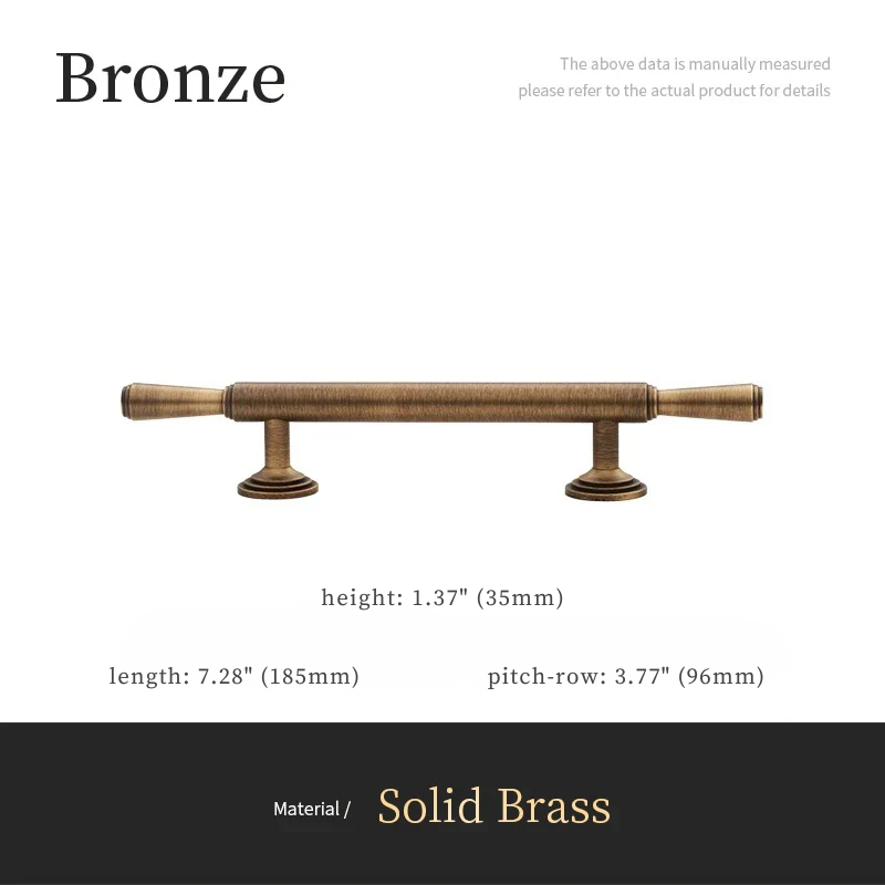 Bronze cabinet pull with dimensions on a white background