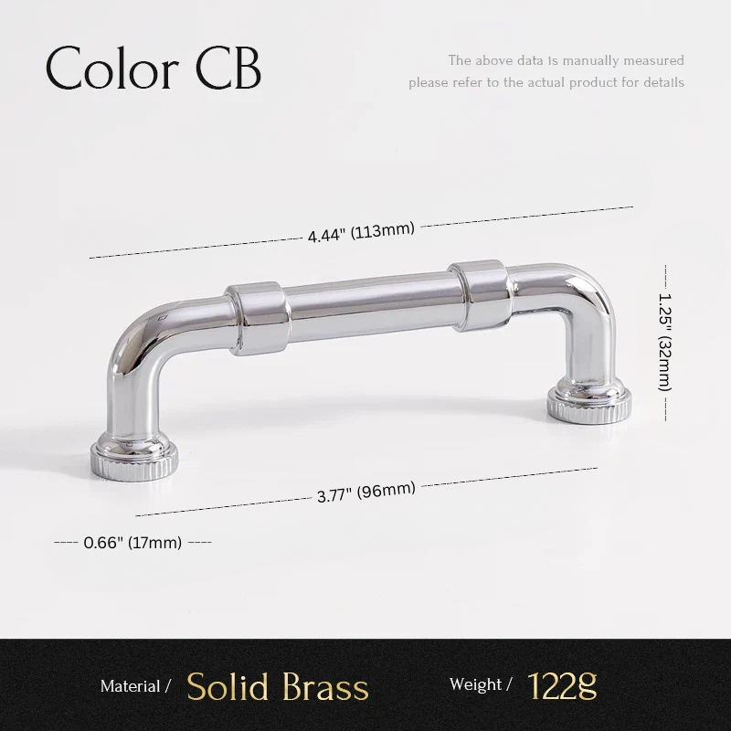 Chrome cabinet handle with dimensions and material details on a white background