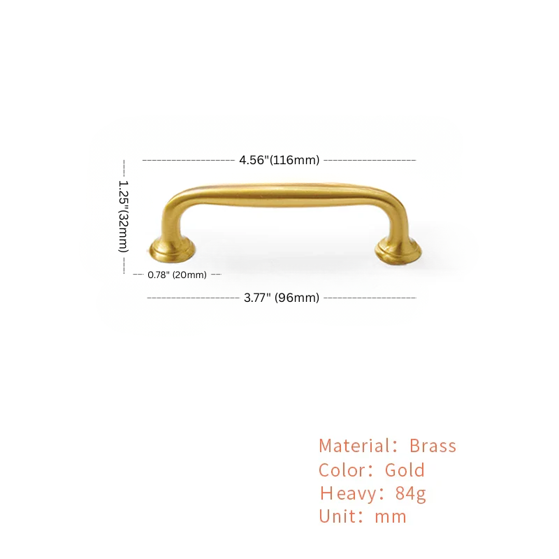 Gold cabinet handle with dimensions and material details on a white background