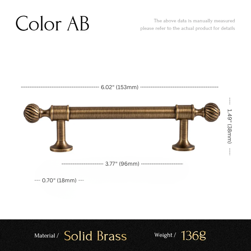 Brass cabinet pull with dimensions and material details on a white background