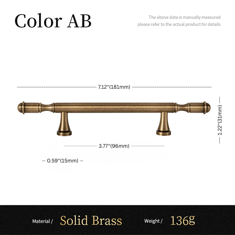 Solid brass cabinet handle with dimensions and material details on a white background