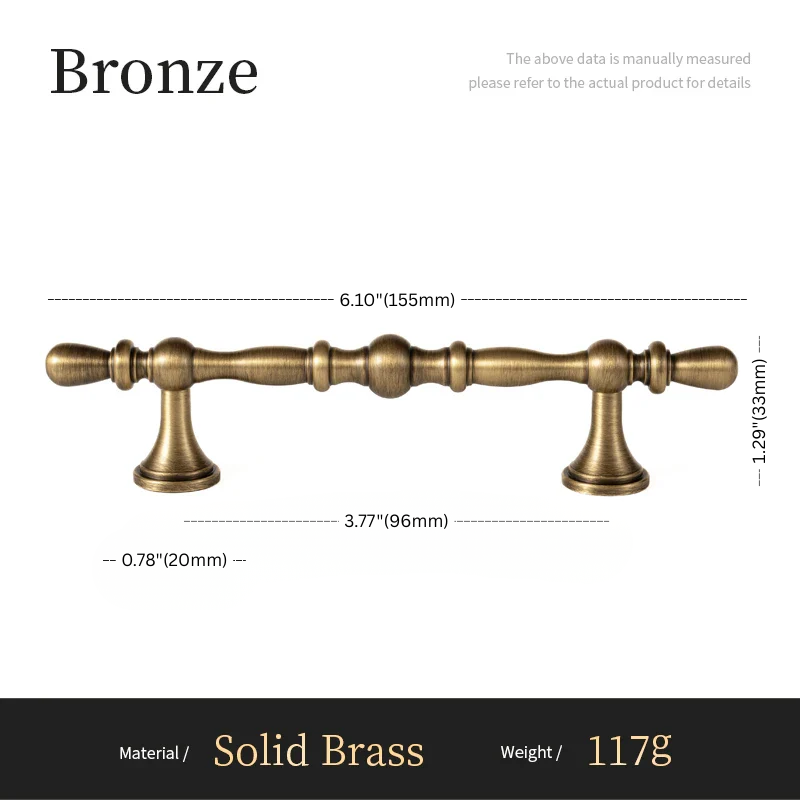 Bronze cabinet handle with dimensions and material details on a white background