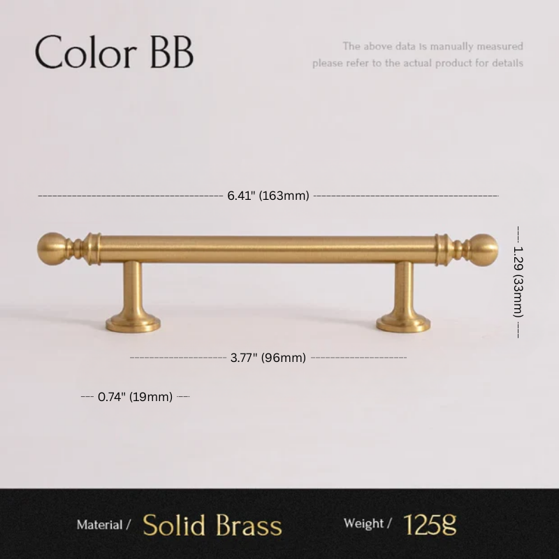 Gold cabinet handle with dimensions and material details on a light gray background
