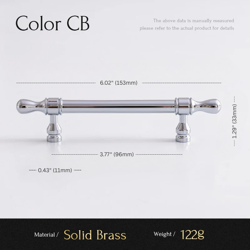 Cabinet handle with dimensions and material details on a white background