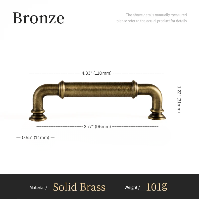 Bronze cabinet pull with dimensions and material details on a white background
