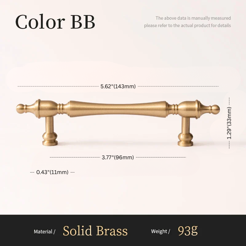 Solid brass cabinet handle with dimensions and material details on a white background