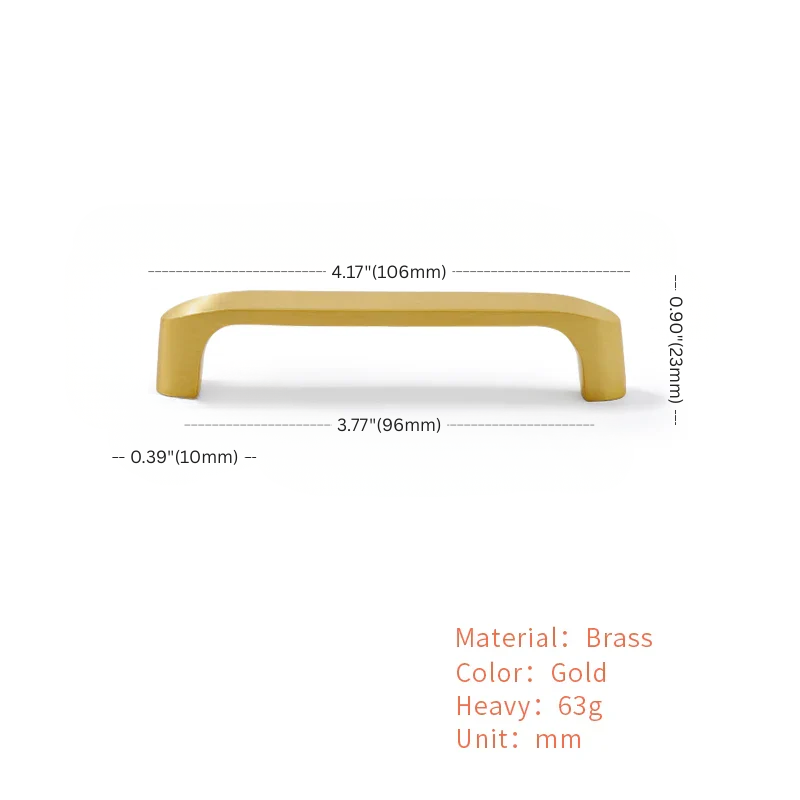 Gold cabinet handle with dimensions and material details on a white background