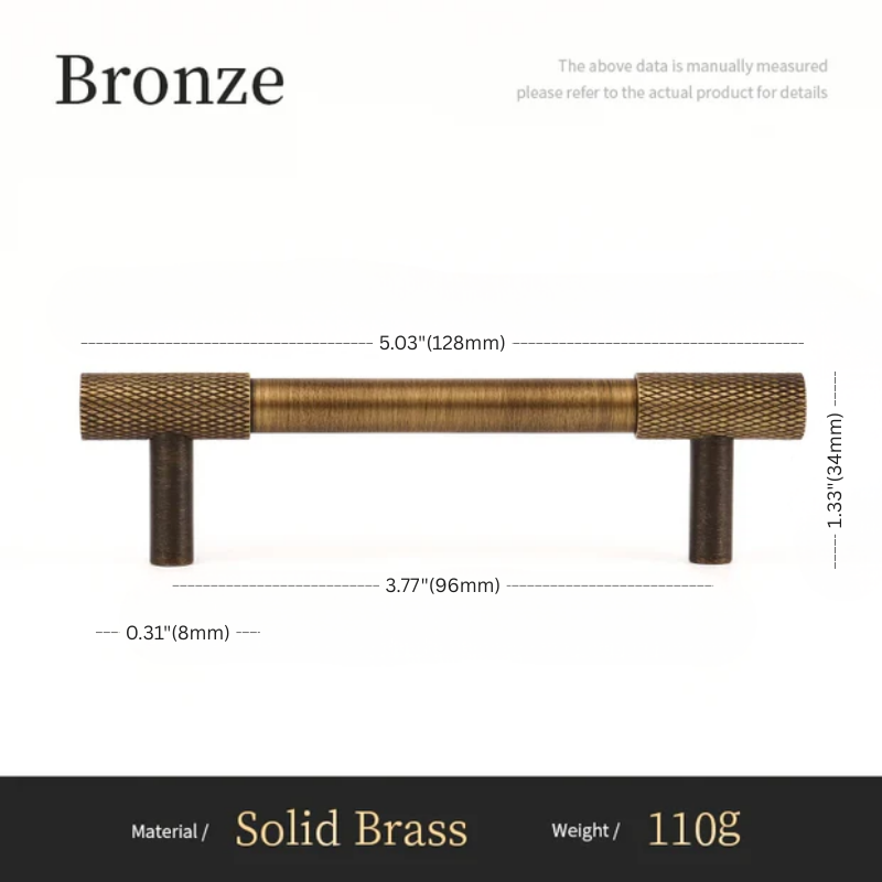 Measurement chart of a bronze cabinet handle with dimensions and material details.