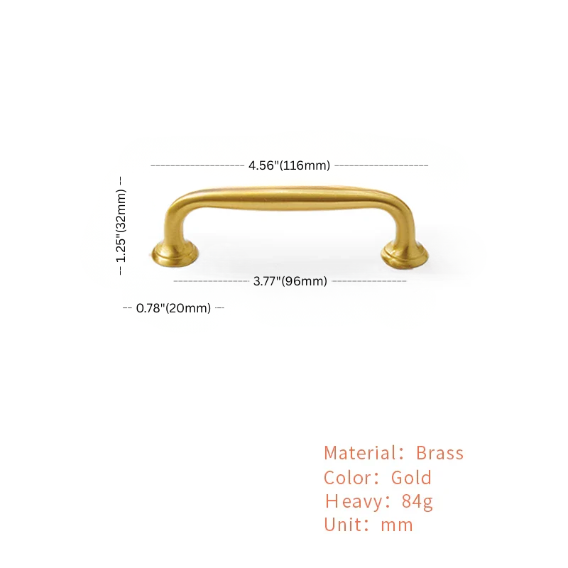 Gold cabinet handle with dimensions and material details on a white background